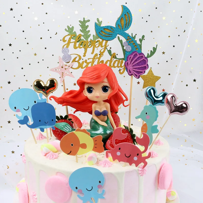 

Cake Topper Mermaid Tail Shell Starfish Cake Decoration for Kid Birthday Party DIY Happy Birthday Cake Topper Wedding