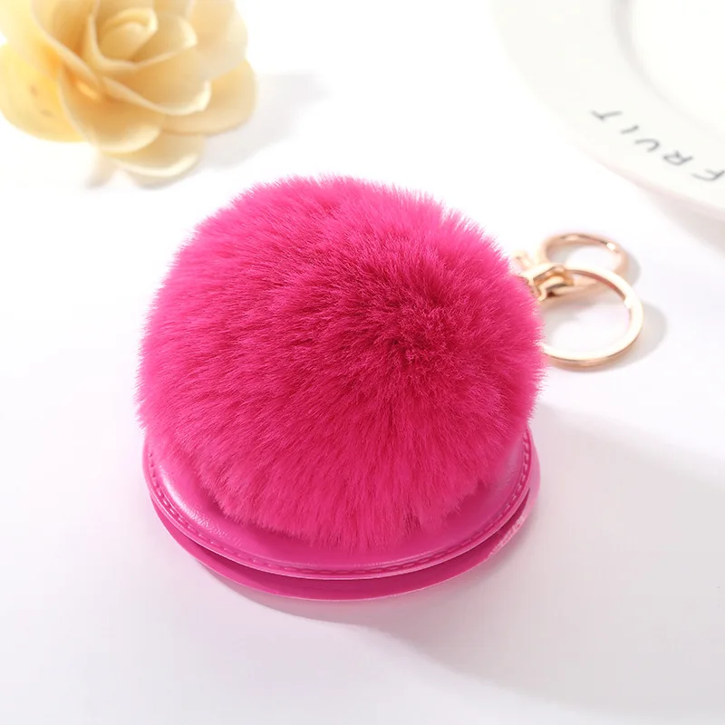 

17 Color Fluffy Pompom Rabbit Fur Ball Keychain Mini Mirror Car Key Ring Key Holder Women Handbag Charm Accessories Jewelry Gift