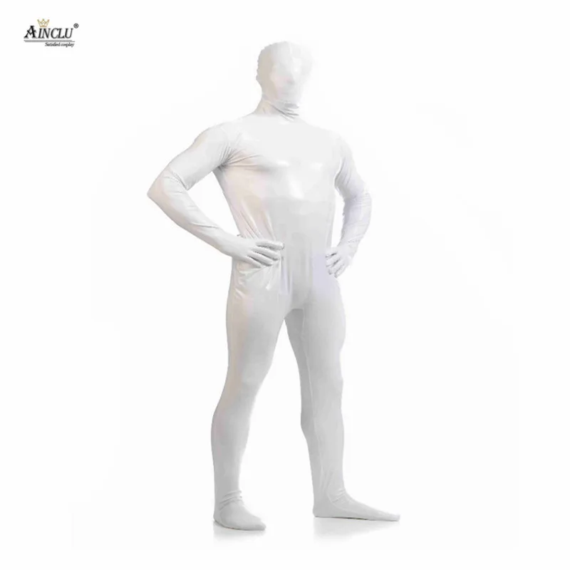 Ainclu комбидресс из спандекса блестящий сексуальный белый мужской Zentai для