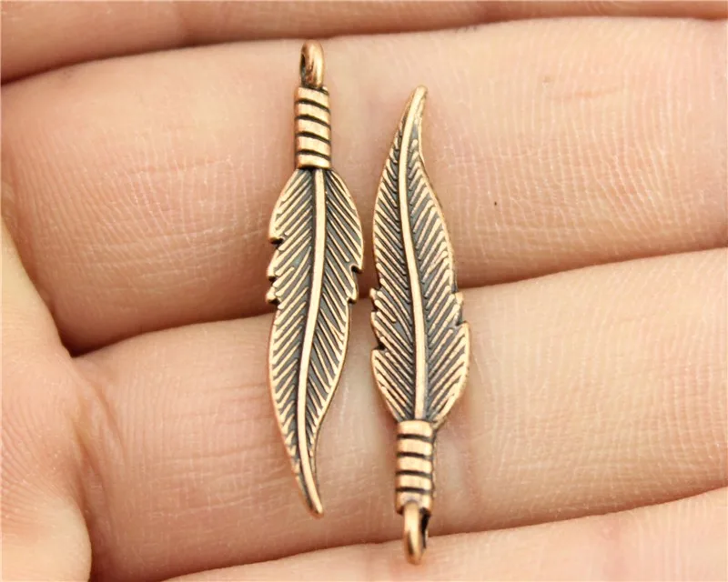 10pcs 32x6mm Antique Copper Color Feather Charmsin Charms from Jewelry