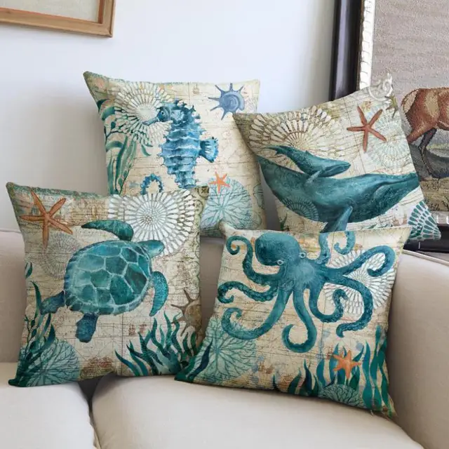 European Style Retro Map Marine Biology Blue Cotton Linen