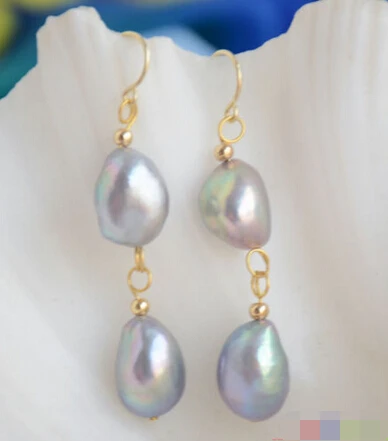 

hj 00301 2line 14mm gray baroque freshwater pearl dangle earring 14k/20