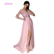 Кружевные Аппликации с высоким разрезом шифоновые платья для выпускного вечера трапециевидная Империя Длинные вечерние платья с длинными рукавами с коротким шлейфом вечерние платья