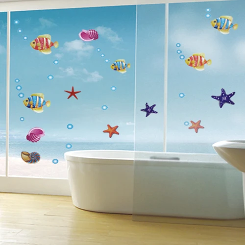 spedizione gratuita blu oceano cartone animato per bambini in camera adesivi murali bagno vetro decorativo pesce
