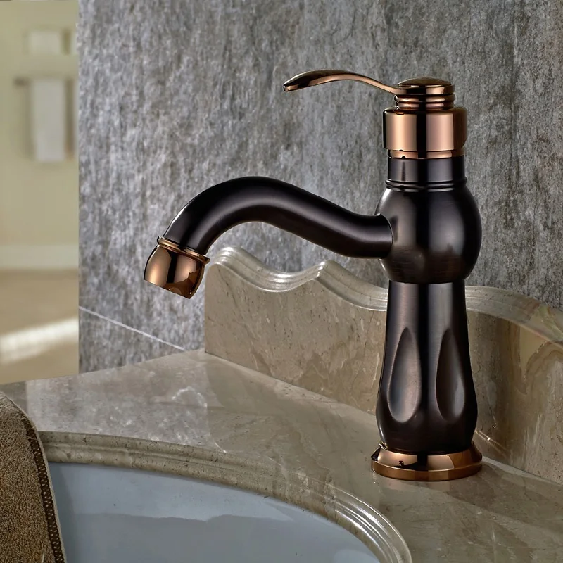 

New classical basin faucet full copper retro European Style Brown Rose Gold cold and hot mixer water faucet single hole