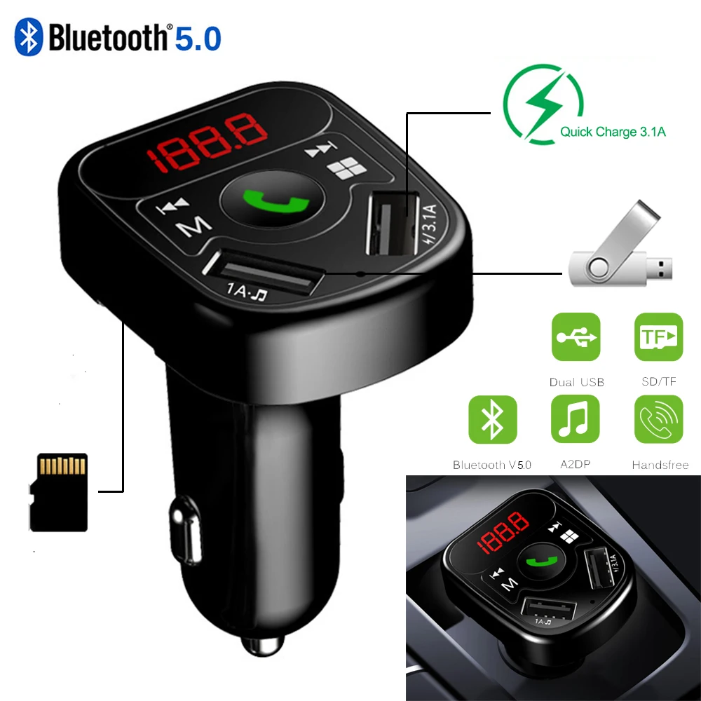 

Car Kit FM Transmitter Bluetooth 5.0 Car MP3 Radio Modulator Transmisor with Dual USB Charger 3.1A Quick Charge Handsfree DY400