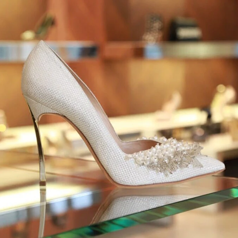 

2018 Autumn New Shoes Woman Gold Handwork Pearls Diamonds Sharp High Heel Sequins Sexy Single White Shoes Rhinestone High Heels