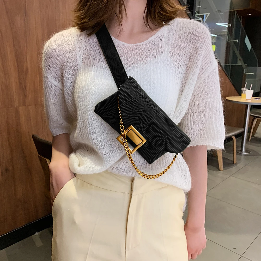 Fashion Ladies Solid Color Waist Fanny Belt Packs Shoulder Messenger Handbags PU Leather Casual Women Chain Crossbody Chest Bags