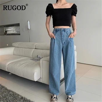 

RUGOD Women Long Jeans Or Short Black T-shirt High Waist Straight Wide Legs Trousers Slash Neck Slim Crop Tops High Street 2019