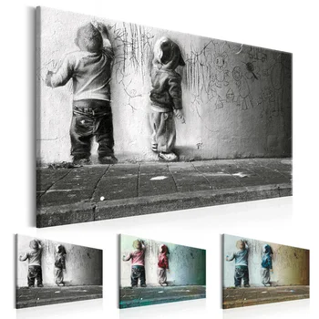 

Modern Wall Art Single Pieces Happy Childhood Two Little Boys Scrawl on The Wall Canvas Painting Picture Kid Room Home Decor
