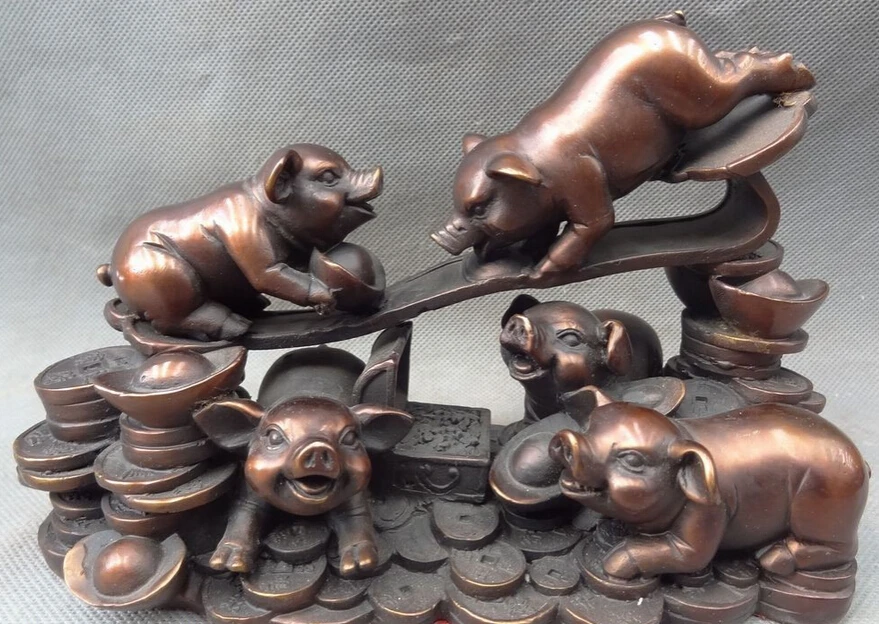 

S3327 8" China Pure Bronze Zodiac Animal Wealth Coin 9 Pig Head On RuYi YuanBao Statue D0317