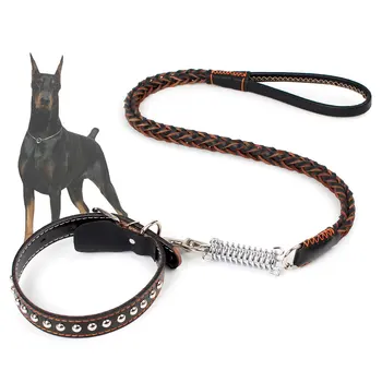 

High quality dog leash collar set soft handle spring shock absorption leads and dog leather collar for pet Large Dogs S/M/L