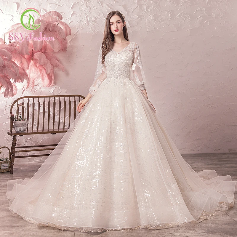Женское свадебное платье SSYfashion Белое Бальное Платье до пола со шлейфом v-образным