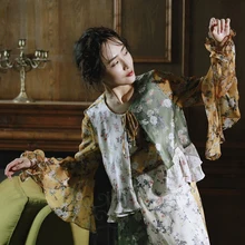 Autumn Women Floral Print Patchwork All-match Ruffle Chiffon Mori Girls Shirt Blouse