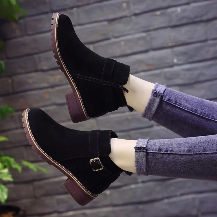 Botas de tobillo a la moda de punta redonda de PU para mujer, botas de plataforma  baja de color liso Vintage Chelsea, zapatos informales de talla grande con  hebilla de tacón cuadrado|Botas