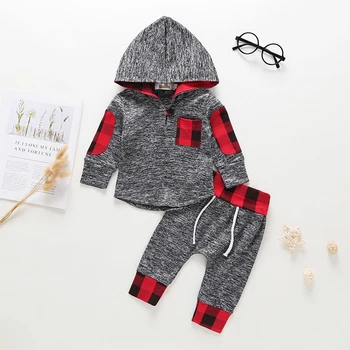 

Baby boy clothes 2019 spring and autumn new boy gray hooded long sleeve red plaid sports sweater casual cotton two-piece
