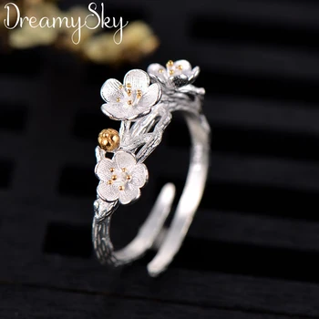

Romantic Style New Luxury 925 Sterling Silver Plum Flower Rings For Women Wedding Retro Adjustable Size Ring Party Gifts
