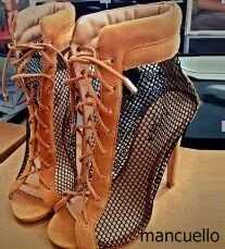 

Fancy Women Suede and See-through Mesh Patchwork Stiletto Heels Summer Open Toe Shoes Popular Lace Up Dress Sandals New Arrival