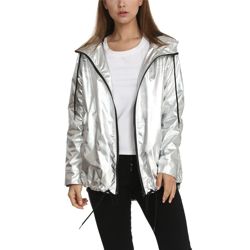 

Big 2XL Fashion Women's Spring Autumn Jacket Long-Sleeved Gold PVC Zipper Female Windbreaker Hooded Waterproof Bomber Jackets