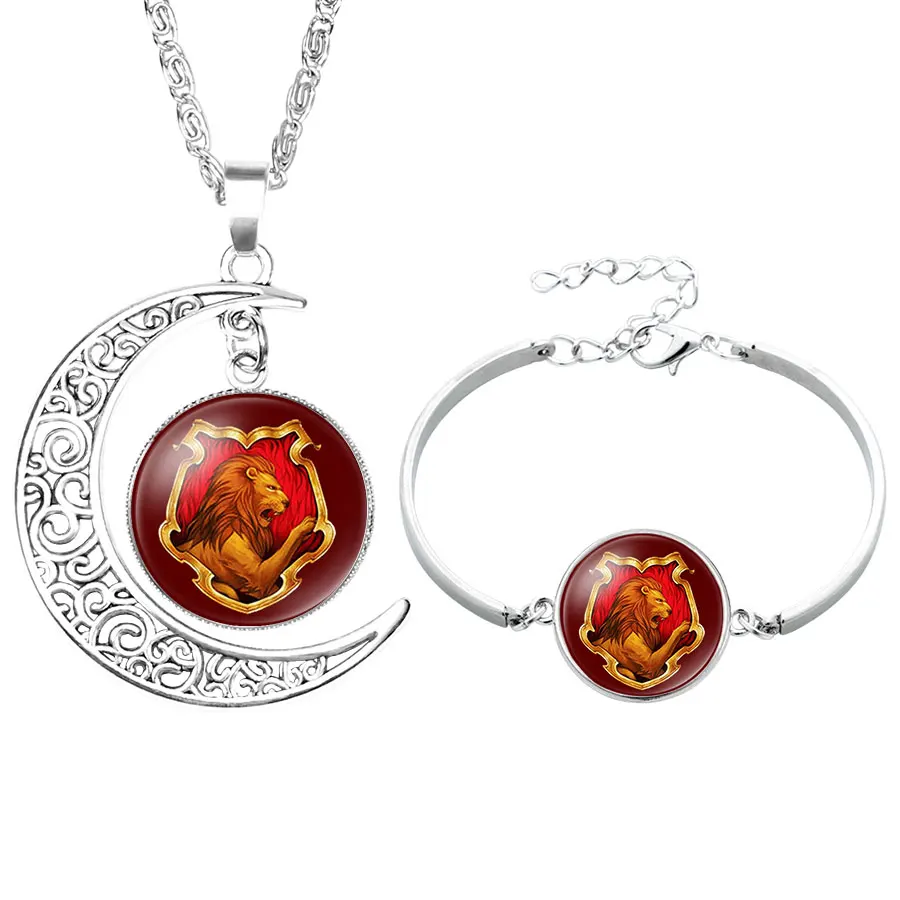 

New Hogwarts Gryffindor Durmstrang Beauxbatons Magic School Academy Glass Cabochon Necklace Bracelet Jewelry Set For women