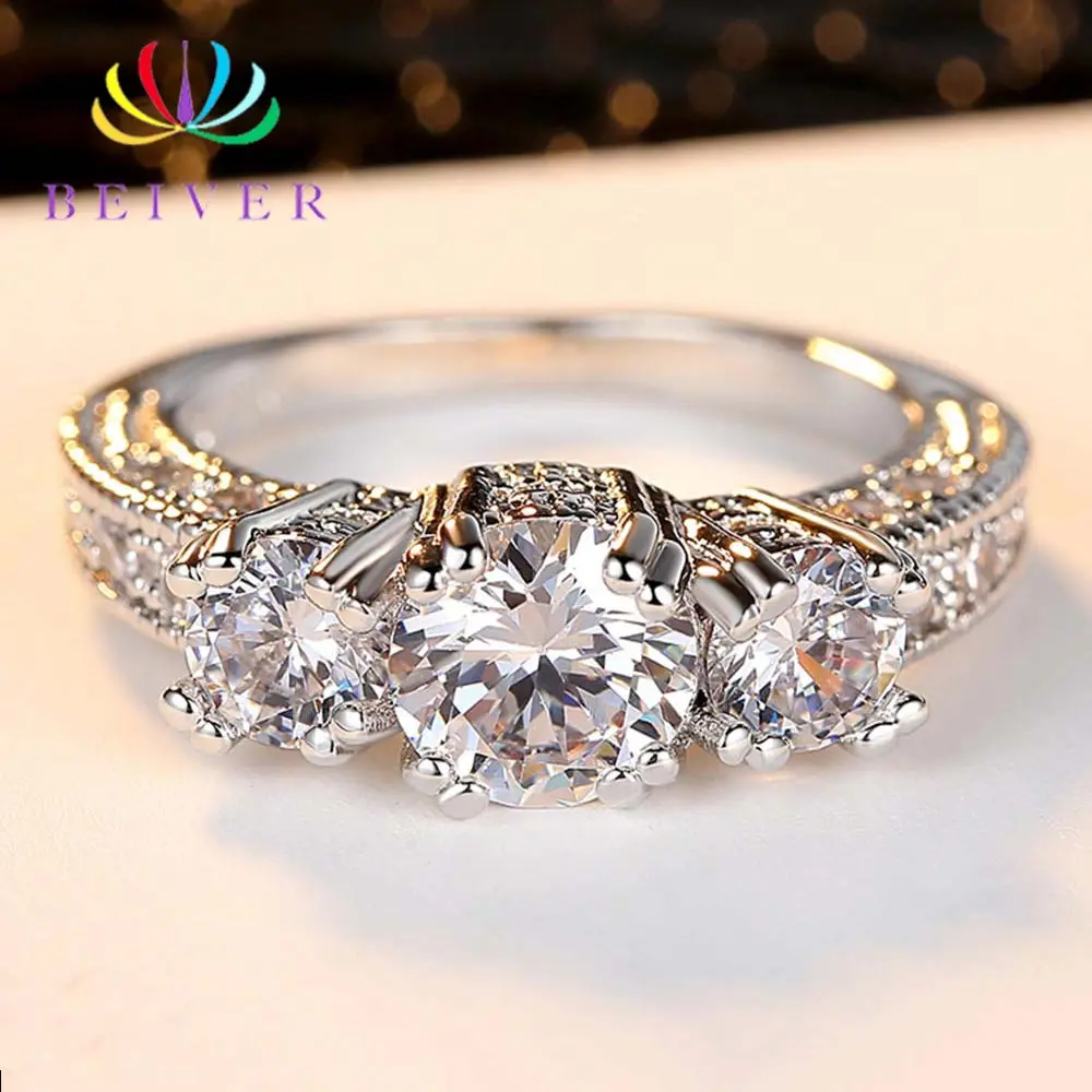 Beiver прозрачное женское кольцо с 3 камнями, цирконием, белое золото, обручальные кольца для свадебной вечеринки, ювелирные изделия, бижутерия