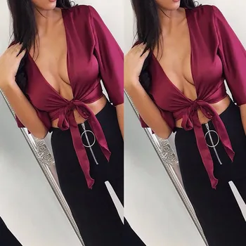

2018 Women's Satin Silk Tie Knot Crop Top Ladies Front Flared Sleeve Plunge Neck Blouses