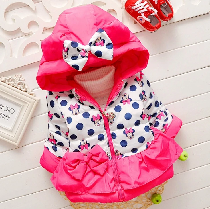 Куртки для девочек модная одежда с рисунком Минни Маус, пальто Зимняя теплая и Повседневная Верхняя одежда для маленьких девочек возрастом от 1 года до 4 лет, детские куртки