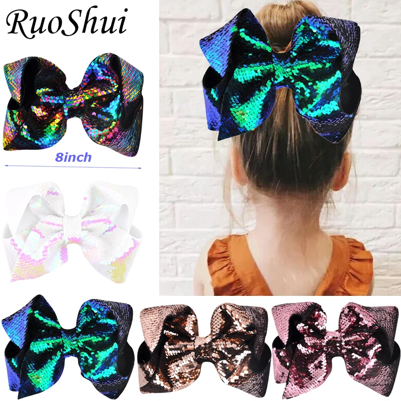 

8 inch Hot Sale Big Rainbow Mermaid Large Hair Bow Hairgrips Alligator Children Girls Hair Accessories Party Festival Headwear