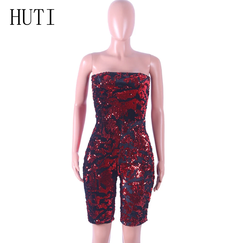 HUTI Strapless Sequins Sexy Playsuits and Jumpsuits Fashion Off Shoulder Skinny Romper Women Backless Women Short Overalls