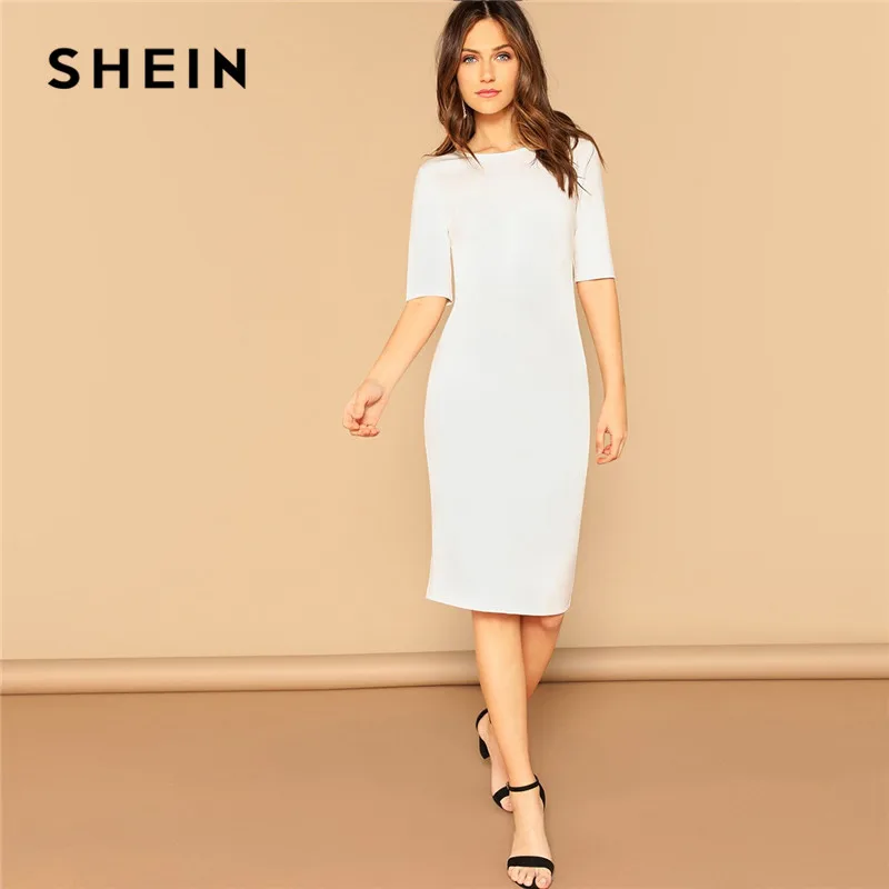 

SHEIN Office Lady Solid Slit Hem White Skinny Bodycon Dress Summer Workwear Elegant Women Minimalist Knee-length Pencil Dresses