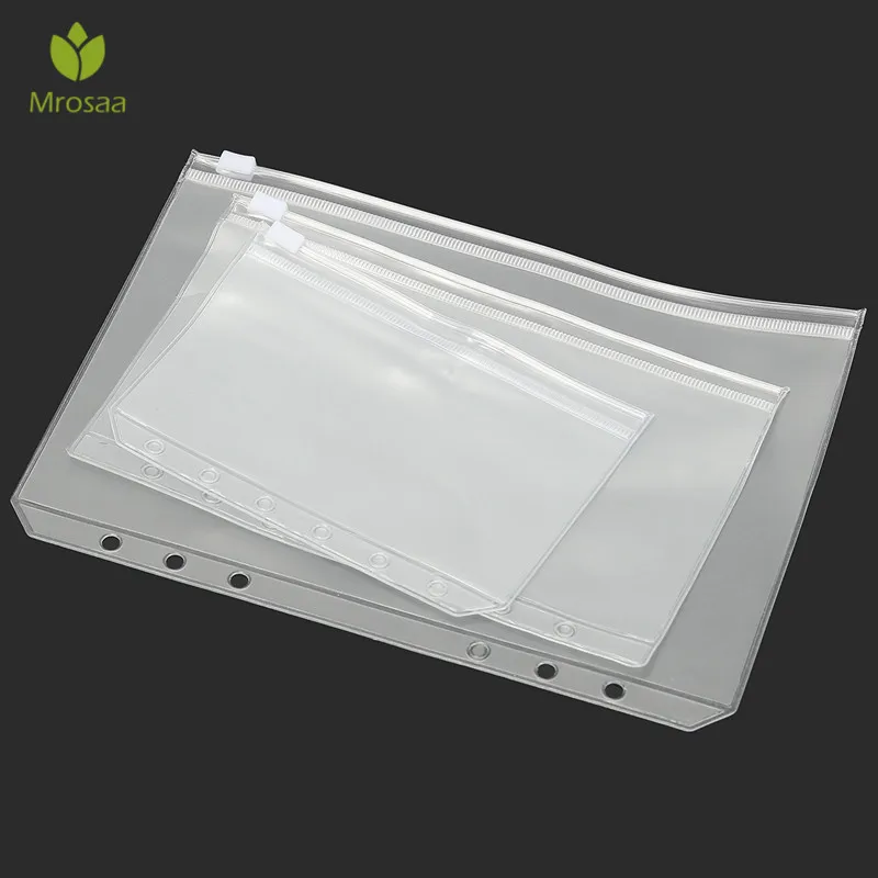 

Newest Mrosaa A5 A6 A7 PVC Zipper Pouch Standard 6 Holes Transparent Bags Card Bills Bags Loose Leaf Plastic Card Holder Pockets