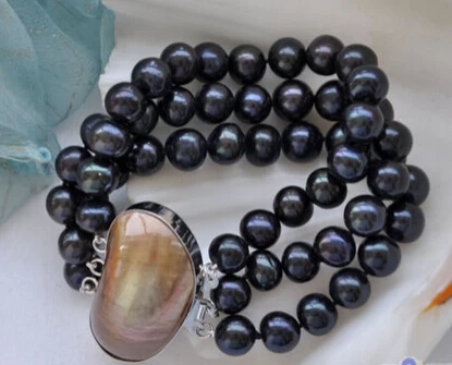 

huij 001250 3row 8" 9-10mm black round freshwater pearl bracelet