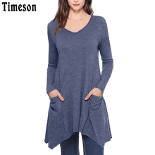 Womens V-Neck Asymmetrical Hem Long Sleeve Knitted Long Tunic Tops with Pockets Black Casual Plus Size Shirt Solid Blouse Female