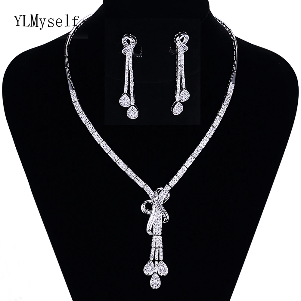 

Luxury 2pcs jewelry set for wedding party Necklace/Earrings full crystal silver plated Large jewelry sets for bridal