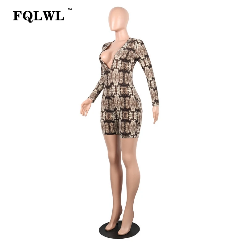 FQLWL со змеиным принтом Комбинезон Для женщин s комбинезон летний глубоким v-образным вырезом с длинным рукавом Bodycon сексуальный женский