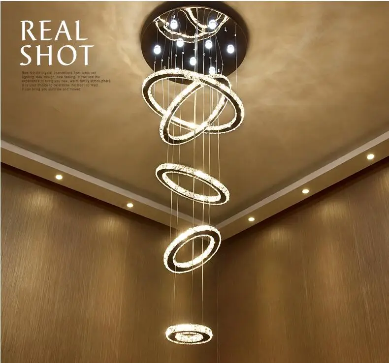 Роскошный большой 5 колец круглый хрустальный светодиодный светильник-люстра, спиральный светодиодный подвесной светильник, светильник для лестниц, отелей, лампа с регулируемой яркостью, люстры