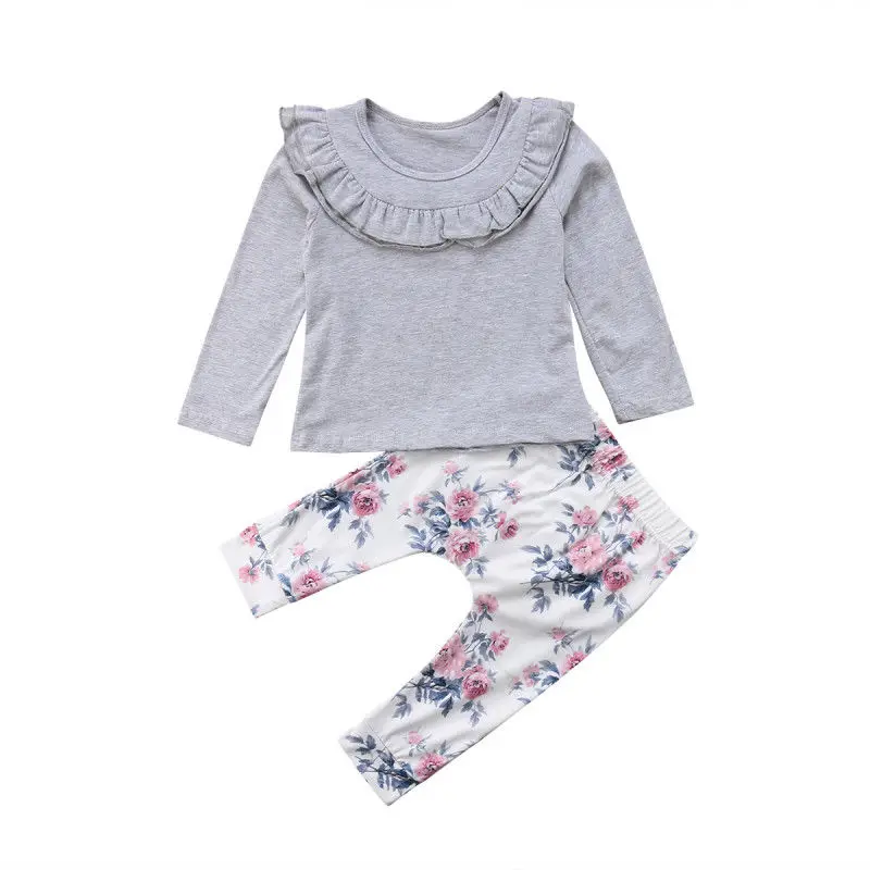 Pudcoco/Новинка года; брендовые топы с кружевными цветами для новорожденных девочек; футболка длинные штаны; комплект одежды; От 0 до 2 лет - Цвет: Серый