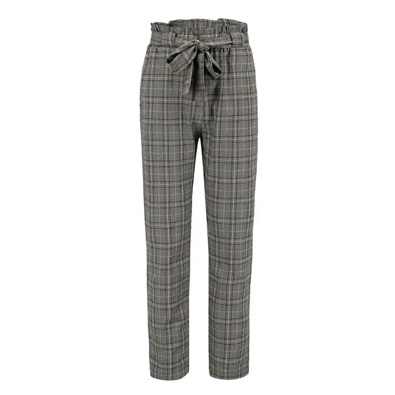 

Women Vintage Plaid Trousers 2019 High Waist Summer Pockets Pants Spring Casual Streetwear Sashes Trousers