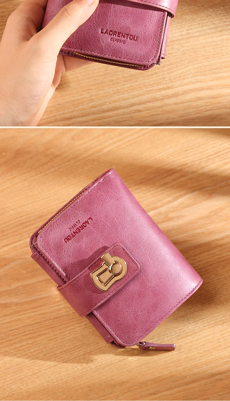 LAORENTOU Brand Women Standard Wallet Genuine Leather Wallets Fashion Short Zipper Purse Lady Coin Pocket Card Holder for Women