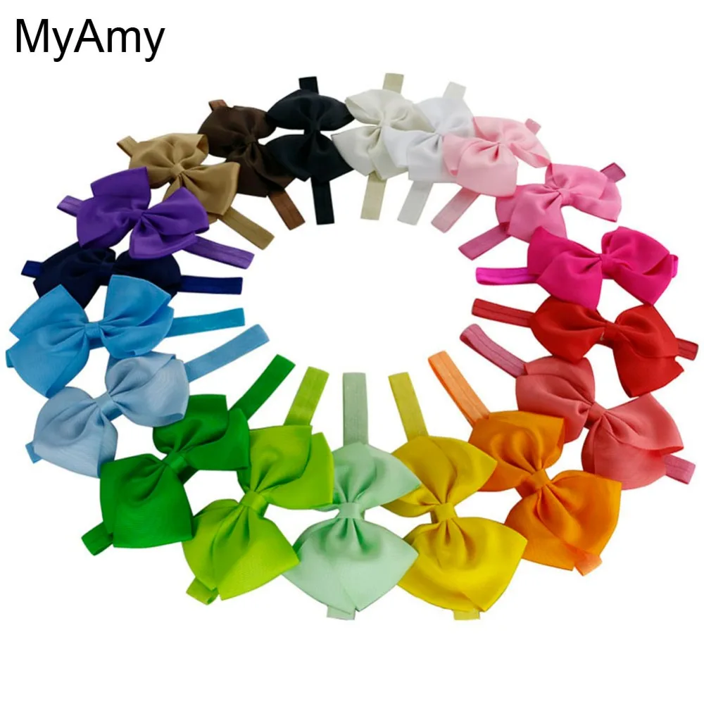 MyAmy 20pcs/lot 5'' Grosgrain Ribbon Hair Bows With Elastic Hairbands girls Headbands With Flat