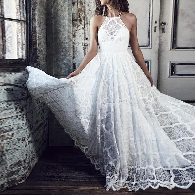 

Women long dress Wedding Bridesmaid Halter Hanging Neck lace solid party Dress elegant retro ladies long A Line dresses vestido