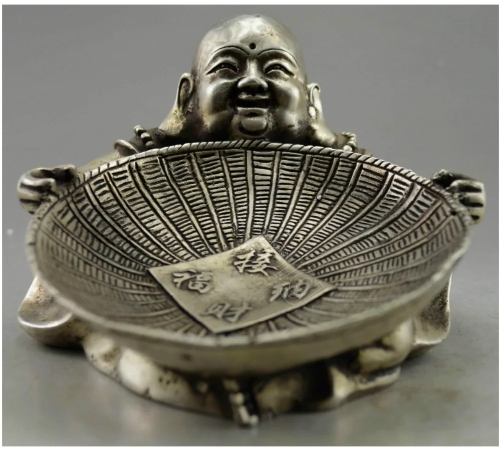 

Collectible Decorated Old Handwork Tibet Silver Carve Buddha Hold Dustpan Statue