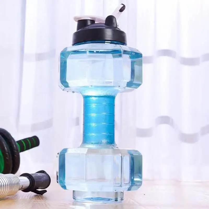 2.2L большая емкость многофункциональная форма гантели бутылка для воды Портативный Спорт Тренажерный зал Фитнес PETG push cap чайник для воды с ручкой - Цвет: Синий