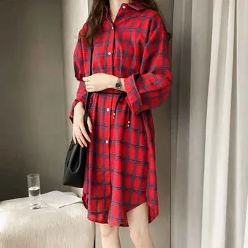 

Women Blouse Turn-down Collar Plaid Shirts Female Oversized Tartan Shirt Pocket Girl Long Sleeve Cotton Shirt Elegant Lady