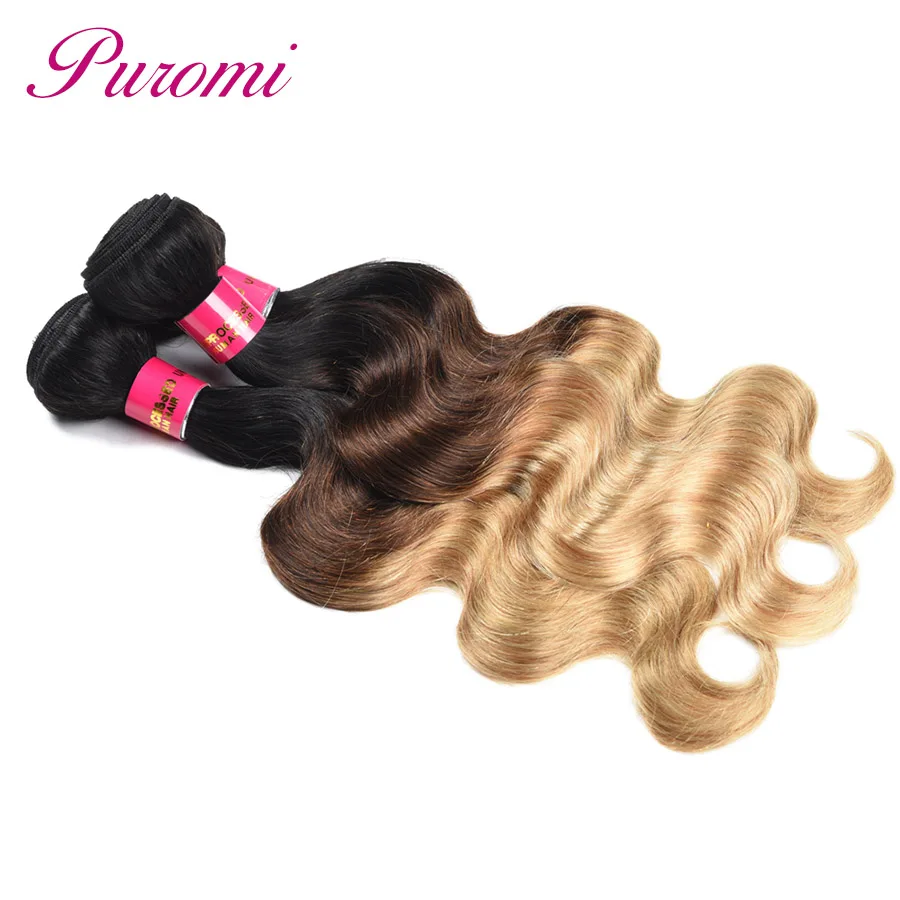 Puromi Body Wave Peruvian Hair Bundles T1b/4/27 Ombre Human Hair Non Remy Three Tone Hair Extension 3pcs Free Shipping