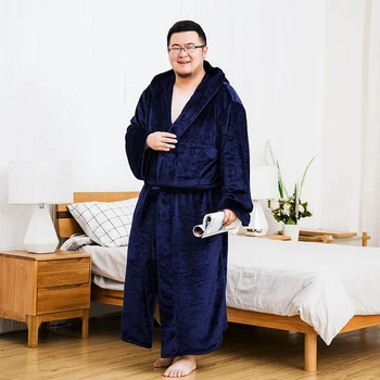 

Extra Large Size Flannel Men Winter Bathrobes for Fat People Warm Coral Fleece Long Hooded Male Robes Home Thick Bath Robe