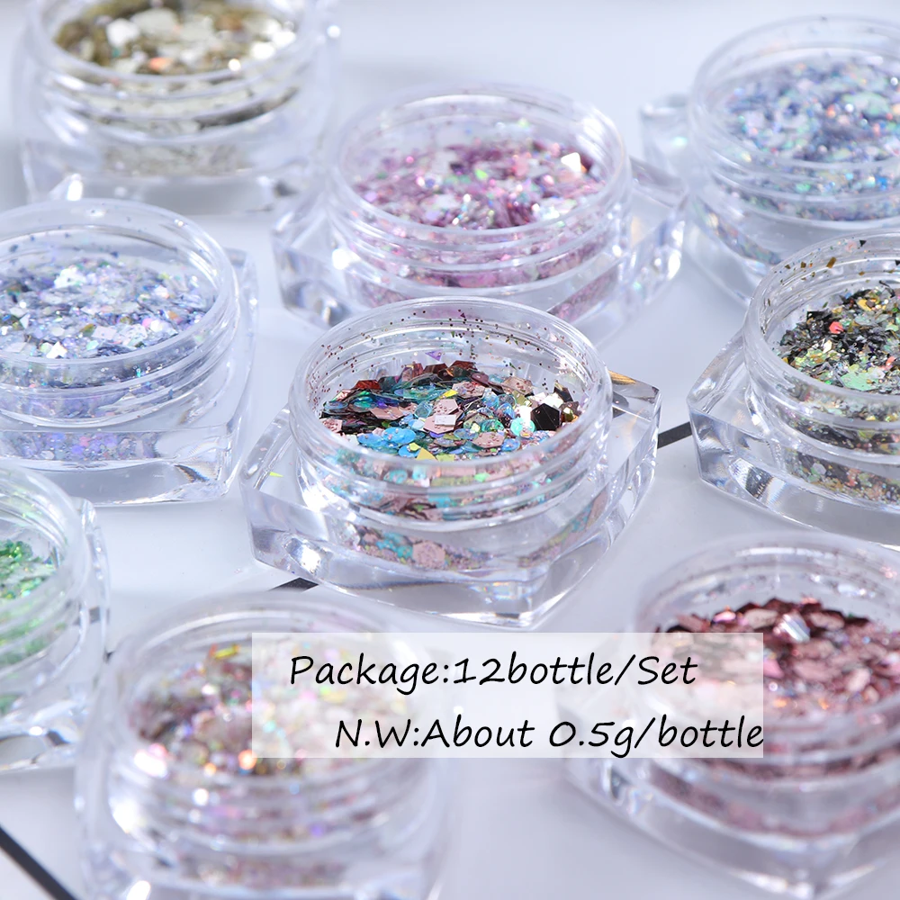 12 Box Colorful Metallic Hexagon glitter powder Flakes Sparkly Mermaid nail art Sequins 3D Manicure Powder for nailsLADJ01-12-1 (6)