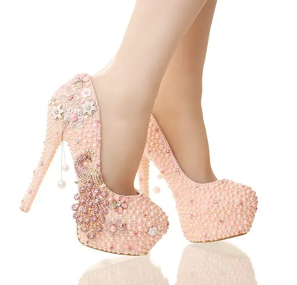 

Platforms pink pearls pumps shoes for woman round toes luxury handmade ladies pink party dinner dance shoe TG721 super high heel