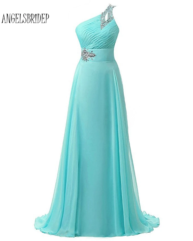 

ANGELSBRIDEP Prom Dress 2018 One Shoulder Keyhole Beaded Crystal Party Gowns Sleeveless A Line Cheap Chiffon Party Dresses