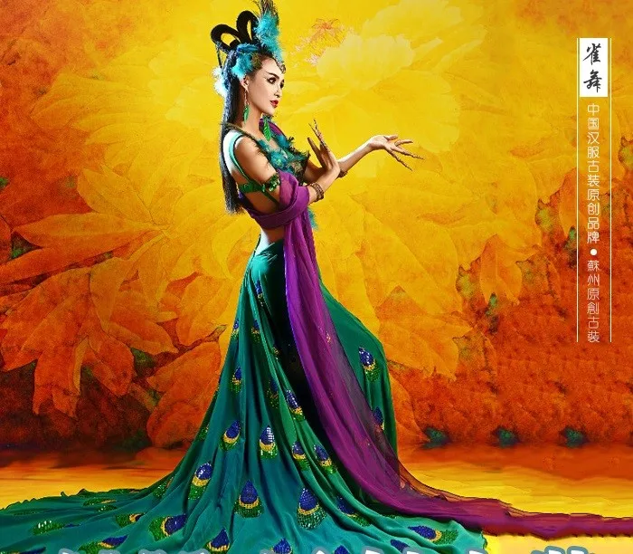 QueWu, Экзотический стиль, классический танец, павлин, сказочный костюм, блестка и перо, танец ханьфу, косплей, сценический костюм